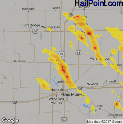 Hail Map for Ames, IA Region on May 25, 2018