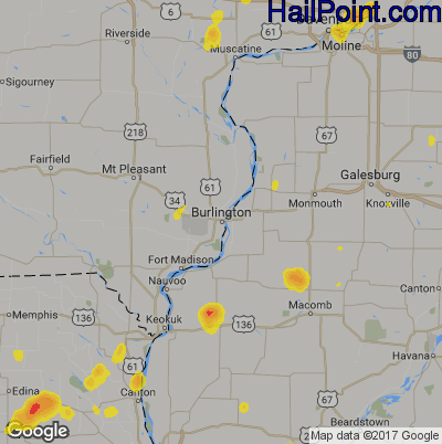 Hail Map for Burlington, IA Region on May 27, 2018 