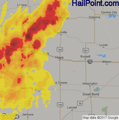 Hail Map for Hays, KS Region on May 28, 2018