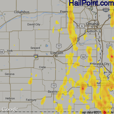 Hail Map for Lincoln, NE Region on May 28, 2018 