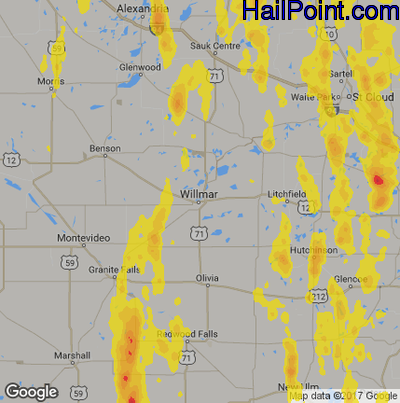 Hail Map for Willmar, MN Region on May 29, 2018