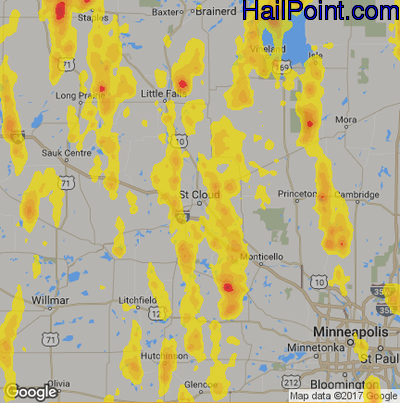 Hail Map for St Cloud, MN Region on May 29, 2018