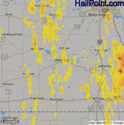 Hail Map for Mankato, MN Region on May 29, 2018