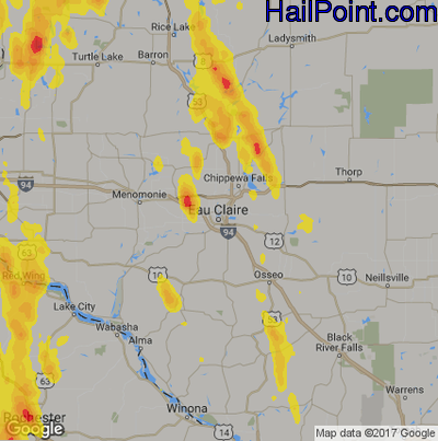 Hail Map for Eau Claire, WI Region on May 29, 2018