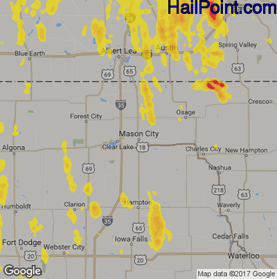 Hail Map for Mason City, IA Region on May 29, 2018