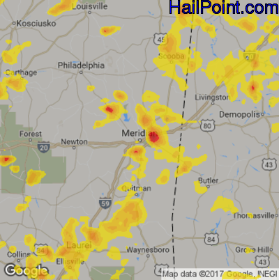 Hail Map for Meridan, MS Region on May 30, 2018 