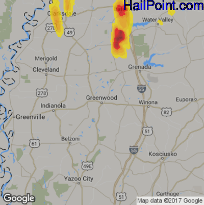 Hail Map for Greenwood, MS Region on June 1, 2018