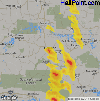 Hail Map for Harrison, AR Region on June 2, 2018