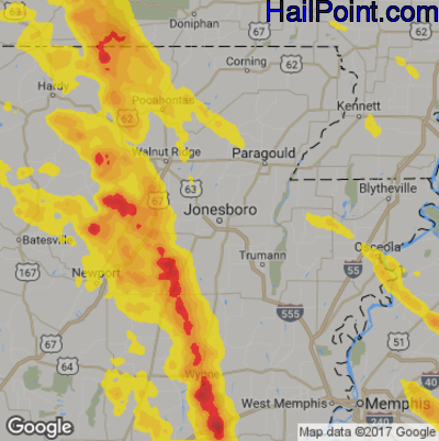 Hail Map for Jonesboro, AR Region on June 3, 2018 