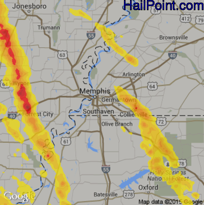 Hail Map for Memphis, TN Region on June 3, 2018