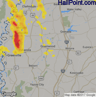 Hail Map for Greenwood, MS Region on June 3, 2018