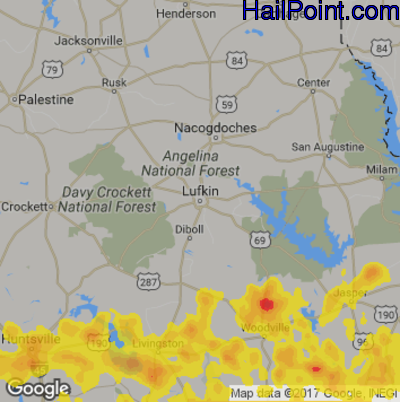 Hail Map for Lufkin, TX Region on June 3, 2018