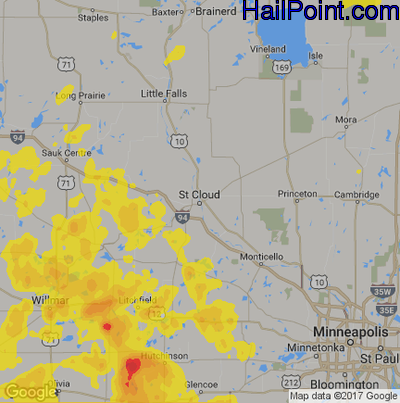 Hail Map for St Cloud, MN Region on June 6, 2018