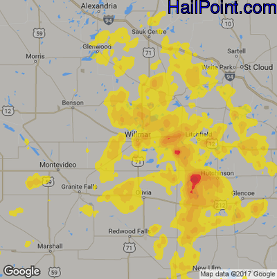 Hail Map for Willmar, MN Region on June 6, 2018