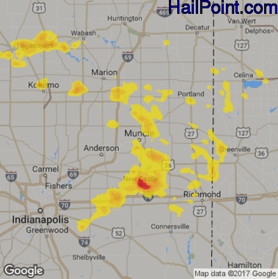 Hail Map for Muncie, IN Region on June 7, 2018