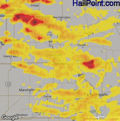 Hail Map for Waterloo, IA Region on June 8, 2018