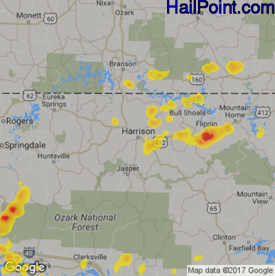 Hail Map for Harrison, AR Region on June 8, 2018