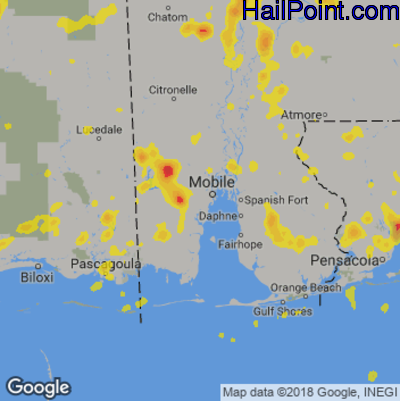 Hail Map for Mobile, AL Region on June 9, 2018