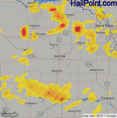Hail Map for Norfolk, NE Region on June 10, 2018
