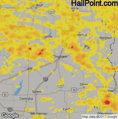 Hail Map for Effingham, IL Region on June 10, 2018