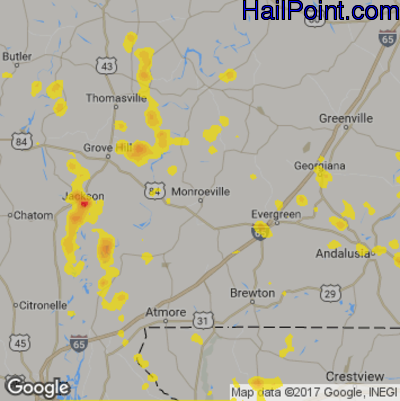 Hail Map for Monroeville, AL Region on June 10, 2018