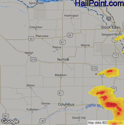Hail Map for Norfolk, NE Region on June 11, 2018