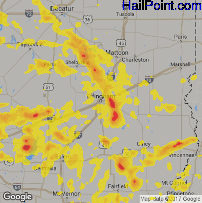 Hail Map for Effingham, IL Region on June 11, 2018