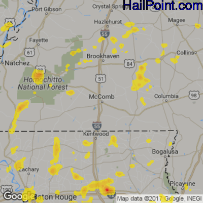 Hail Map for McComb, MS Region on June 12, 2018 