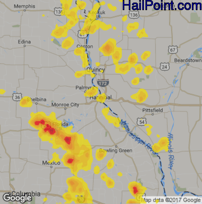 Hail Map for Hannibal, MS Region on June 14, 2018 