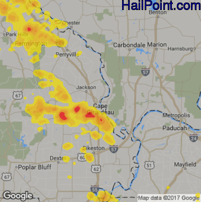 Hail Map for Cape Girardeau, MO Region on June 14, 2018