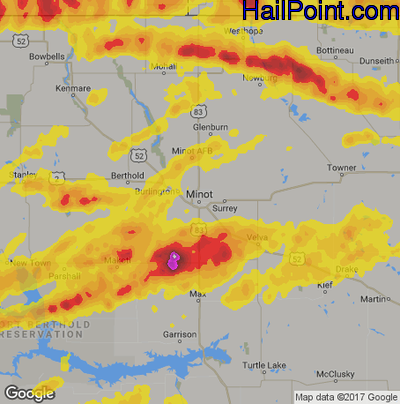Hail Map for Minot, ND Region on June 14, 2018