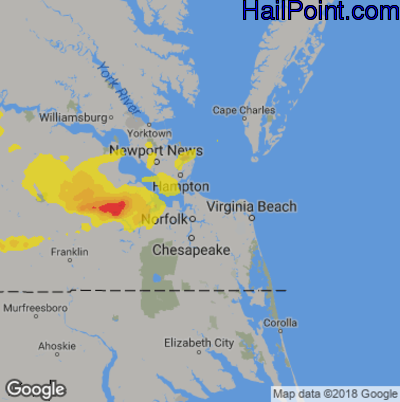 Hail Map for Norfolk, VA Region on June 22, 2018