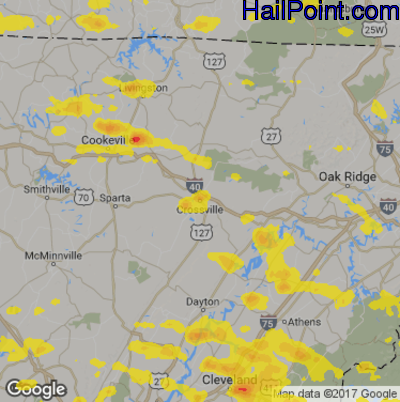Hail Map for Crossville, TN Region on June 24, 2018