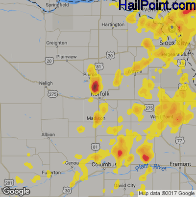 Hail Map for Norfolk, NE Region on June 24, 2018