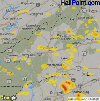 Hail Map for Asheville, NC Region on June 25, 2018