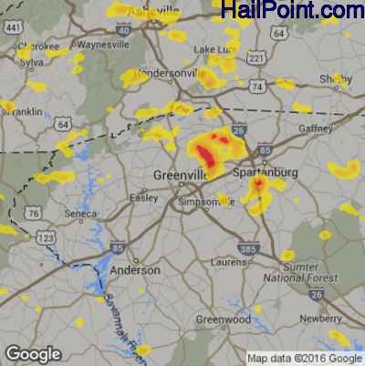Hail Map for Greenville, SC Region on June 25, 2018
