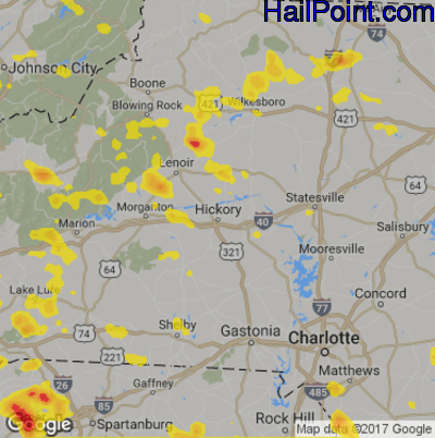 Hail Map for Hickory, NC Region on June 25, 2018