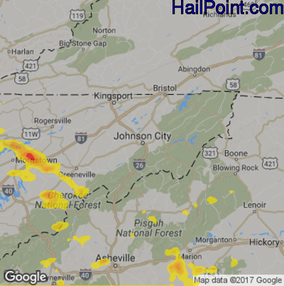 Hail Map for Johnson City, TN Region on June 26, 2018 