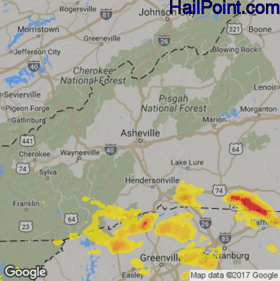 Hail Map for Asheville, NC Region on June 27, 2018