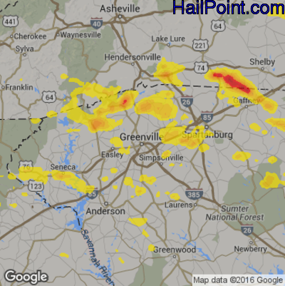 Hail Map for Greenville, SC Region on June 27, 2018