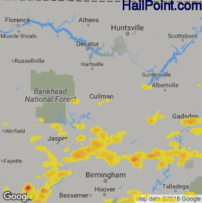 Hail Map for Cullman, AL Region on June 27, 2018