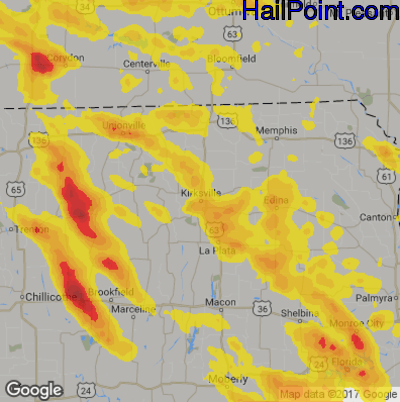 Hail Map for Kirskville, MS Region on June 28, 2018 