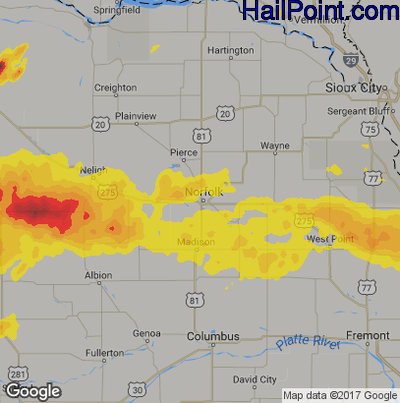 Hail Map for Norfolk, NE Region on June 28, 2018