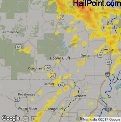 Hail Map for Poplar Bluff, MO Region on June 28, 2018