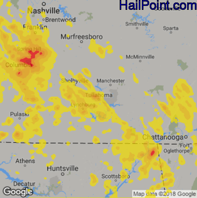 Hail Map for Tullahoma, TN Region on June 28, 2018