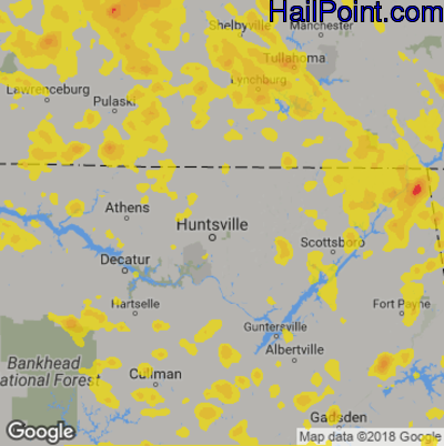 Hail Map for Huntsville, AL Region on June 28, 2018