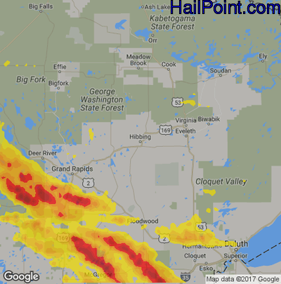Hail Map for Hibbing, MN Region on June 28, 2018