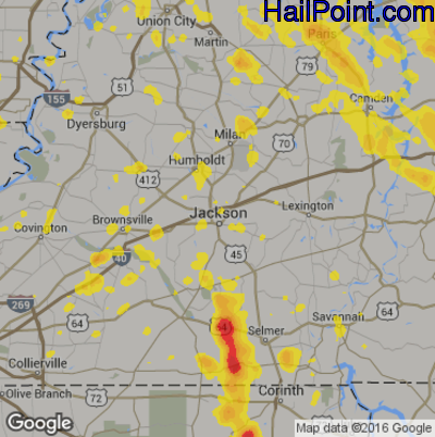 Hail Map for Jackson, TN Region on June 28, 2018