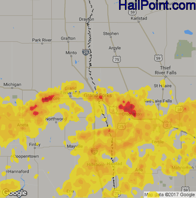 Hail Map for Grand Forks, ND Region on June 28, 2018