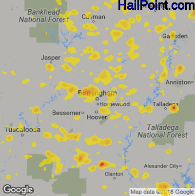 Hail Map for Birmingham, AL Region on June 28, 2018